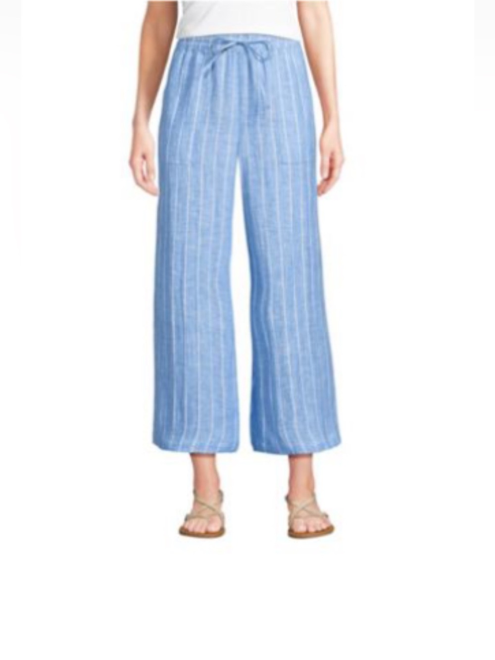 Lands' End Blue & White linen Wide-Leg Drawstring Pants